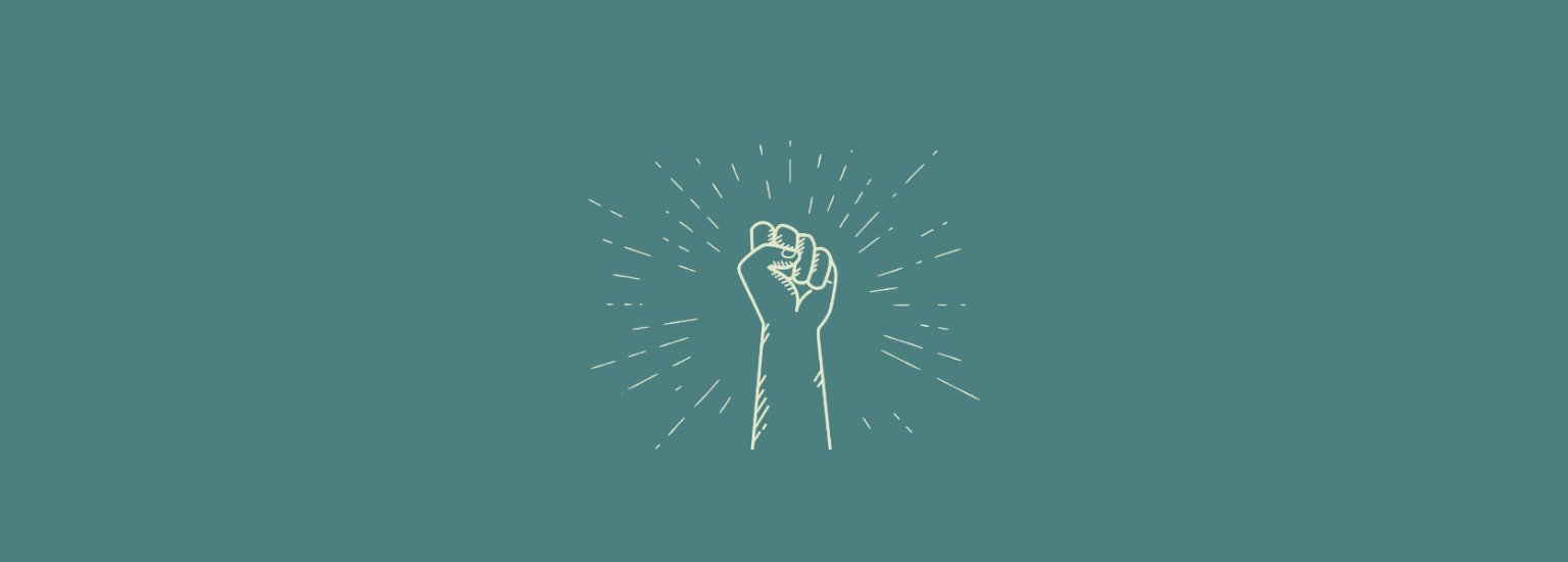 Teal background with light green fist raised in the air